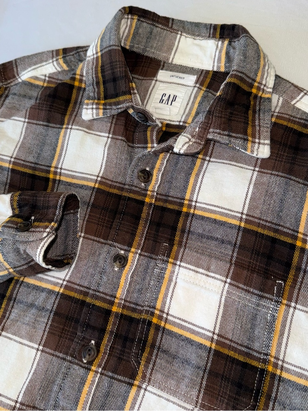 GAP Men's Brown Plaid Button-Down Shirt with Cream & Yellow Accents
